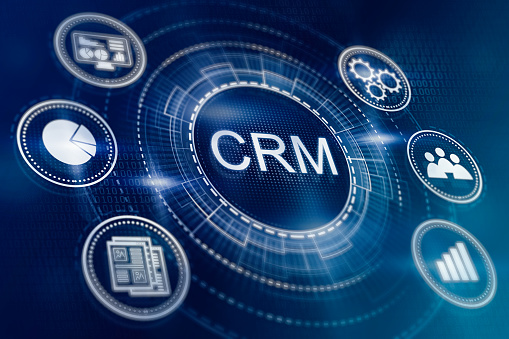 CRM customer relationship management concept. Clients support software and online marketing technology.