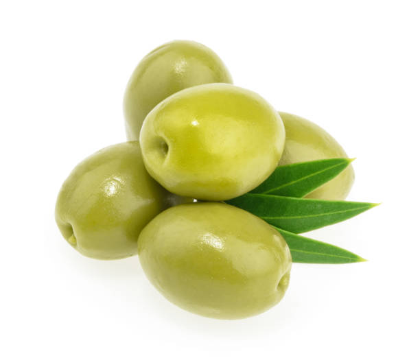 istock Green olives isolated on white background 1205244781