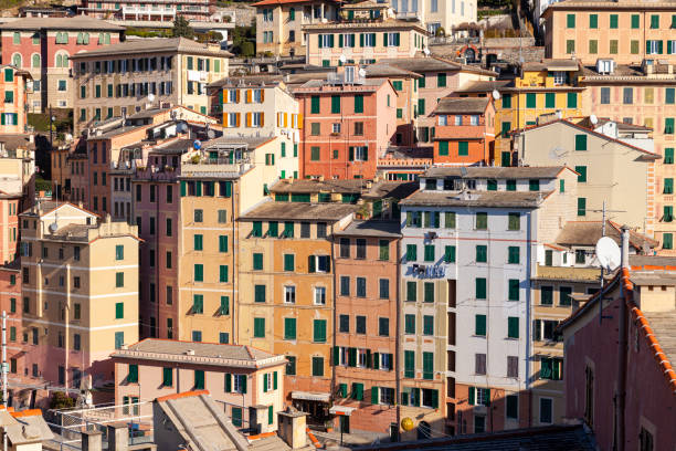 Camogli, typical pastel-colored houses facade. Color image stock photo