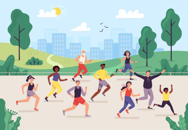 Park marathon. People running outdoor, joggers group and sport lifestyle. Jogging vector illustration Park marathon. People running outdoor, joggers group and sport lifestyle. Jogging vector illustration. Male and female runners or athletes taking part in race or sprint, performing exercise together. cartoon of the physical fitness stock illustrations