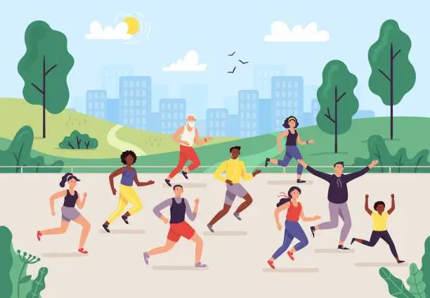 Vector illustration of Park marathon. People running outdoor, joggers group and sport lifestyle. Jogging vector illustration