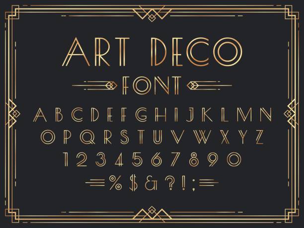 Golden art deco font. Luxury decorative 1920s geometric letters, ornamental gold numbers and retro frame vector set Golden art deco font. Luxury decorative 1920s geometric letters, ornamental gold numbers and retro frame vector set. Elegant vintage English alphabet, digits, punctuation marks, typographic symbols. art deco style stock illustrations
