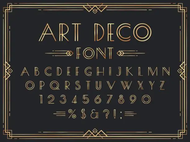 Vector illustration of Golden art deco font. Luxury decorative 1920s geometric letters, ornamental gold numbers and retro frame vector set