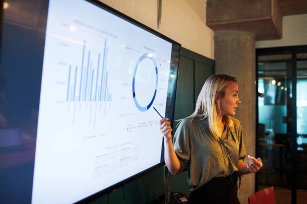 istock One young businesswoman making a presentation speech. 1205248079
