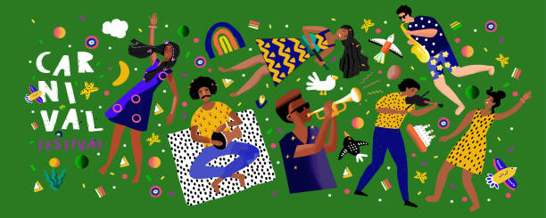 brasilianischer karneval und festival! vektor abstrakte urlaubsillustrationen mit menschen, tänzern und musikern. partei-zeichnung für poster, banner oder hintergrund. brasilianischer tanz, musik und rhythmus - boat horn stock-grafiken, -clipart, -cartoons und -symbole