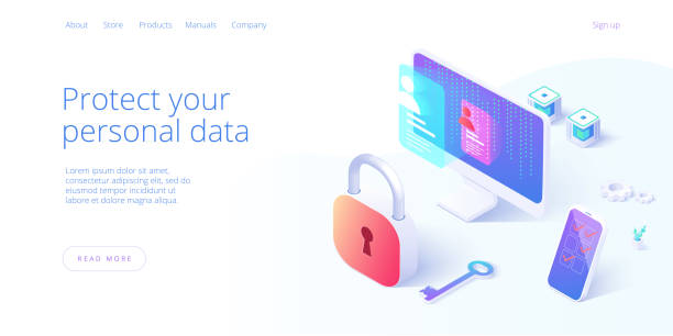 bezpieczeństwo danych osobowych na ilustracji wektora izometrycznego. koncepcja systemu ochrony serwera plików online z komputerem i blokadą. bezpieczny szablon tła transferu informacji dla banera internetowego. - data center the media finance stock illustrations