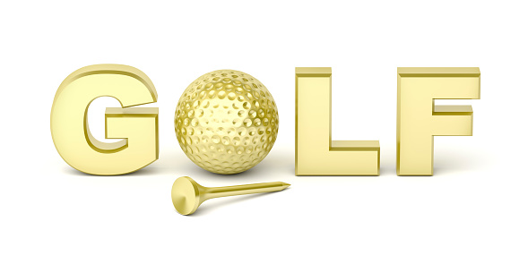 Golden golf ball and tee on white background