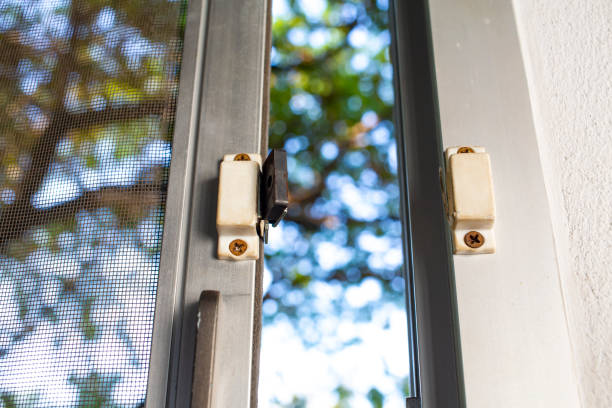 istock Broken security magnetic lock  contact for mosquito wire screen window, Repair Room concept 1205254310