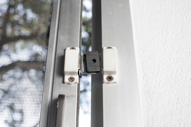 istock Broken security magnetic lock  contact for mosquito wire screen window, Repair Room concept 1205254321