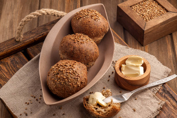 Low-carb gluten-free buns baked with coriander seeds stock photo