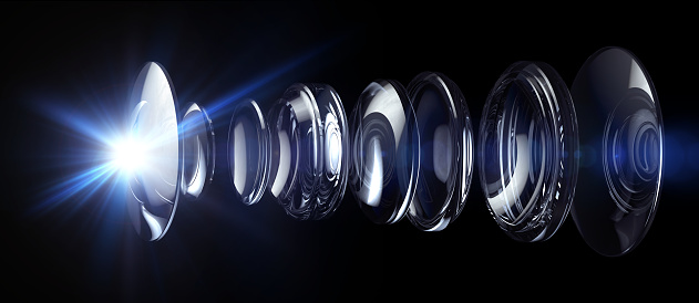 Lens system illustration. Rendered with the highest fidelity to capture all the relflections and refractions as light travels through the various lenses.