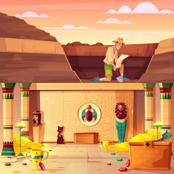 Vector illustration of Treasure hunter searching pharaoh treasury vector