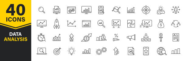 Set of 40 Data Analysis web icons in line style. Graphs, Analysis, Big Data, growth, chart, research. Vector illustration. Set of 40 Data Analysis web icons in line style. Graphs, Analysis, Big Data, growth, chart, research. Vector illustration schema stock illustrations