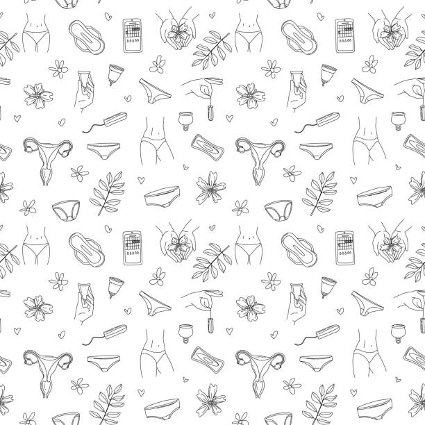 menstruationszeiten nahtloses muster: unterhosen, pads, tampons, menstruationsbecher - seamless padding backgrounds wallpaper stock-grafiken, -clipart, -cartoons und -symbole