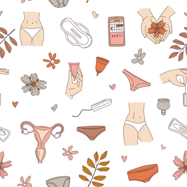 ilustraciones, imágenes clip art, dibujos animados e iconos de stock de patrón sin costuras de los períodos de menstruación de las mujeres: calzoncillos, almohadillas, tampones, copa menstrual - seamless padding backgrounds wallpaper