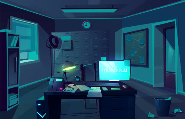 Vector cabinet of private detective at night Vector cartoon background of overtime in police department or private detective. Night, dark room with desk, computer and chair for client. Interior of cabinet for investigation. Moonlight from window desk backgrounds stock illustrations