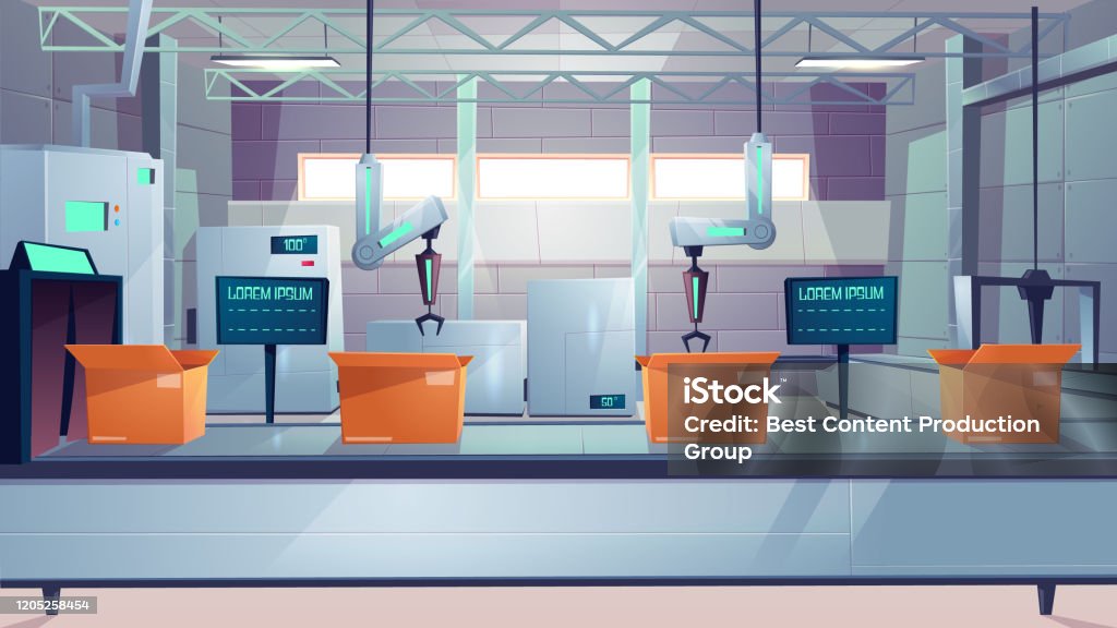 Robotized Packaging Line Cartoon Vector Concept Stock Illustration ...