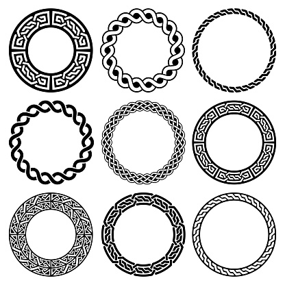 Retro Celtic black and white borders pattern collection isolated on white, traditional ornament in circle from Ireland