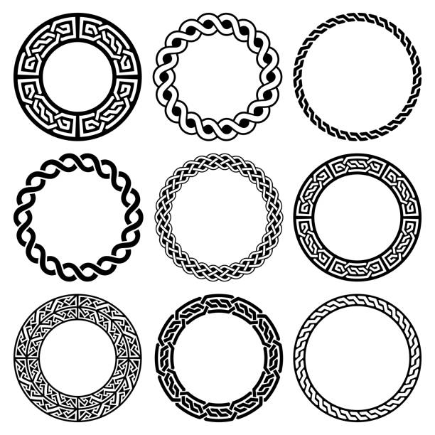 Irish Celtic vector round frame set, braided mandala pattern - greeting card and invititon background, St Patrick's Day ornament Retro Celtic black and white borders pattern collection isolated on white, traditional ornament in circle from Ireland welsh culture stock illustrations
