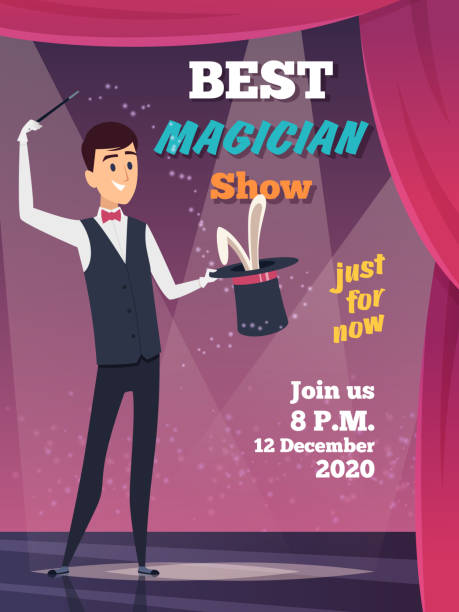 istock Magic show poster. Magician character show tricks wizard with mystery cap vector placard invitation 1205260635
