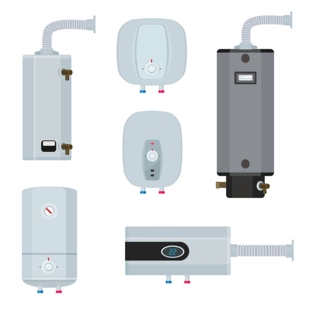 illustrazioni stock, clip art, cartoni animati e icone di tendenza di caldaia ad acqua. sistemi di riscaldamento moderni domestici serbatoi d'acqua illustrazioni vettoriali set - boiler