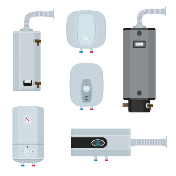 kocioł wodny. domowe nowoczesne systemy ogrzewania technologii zbiorników wody ilustracje wektorowe zestaw - boiler stock illustrations