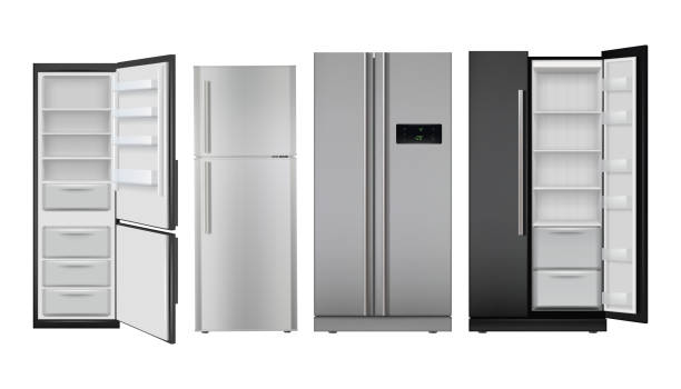 illustrazioni stock, clip art, cartoni animati e icone di tendenza di fridge realistico. congelatore vuoto frigorifero aperto e chiuso per un set di vettori alimentari sani - frigorifero