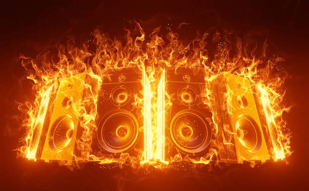 Burning acoustic speakers 3d render of burning acoustic speakers group. rock n roll music speakers stock illustrations