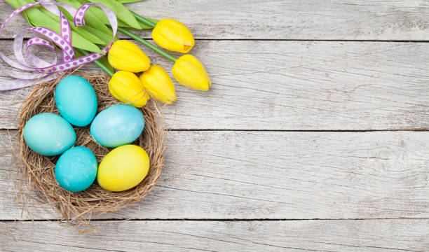 istock Easter greeting card with eggs and tulips 1205261359