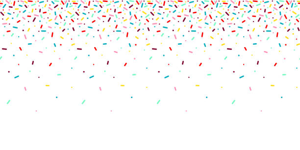 bezešvý vzor s duhou, barevné padající dekorativní posypy pozadí banneru. vektorové koblihové glazury pečivo prvky - americká kobliha sladké jídlo stock ilustrace