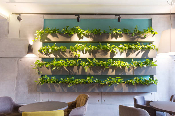 istock Beautiful cafe interior with lots of greenery on wall 1205269974