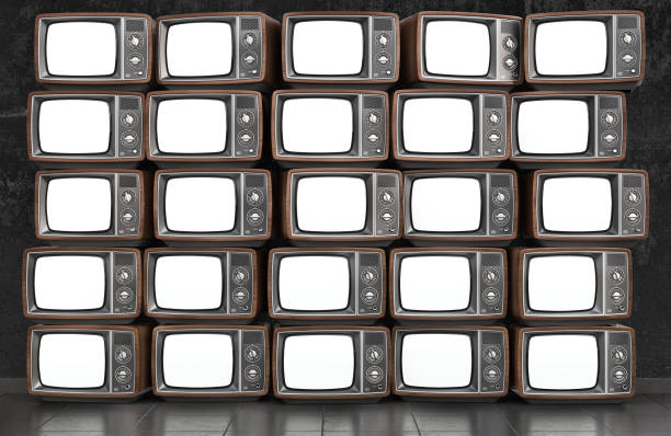 istock Wall of old TVs with white screen. 3d illustration 1205271682