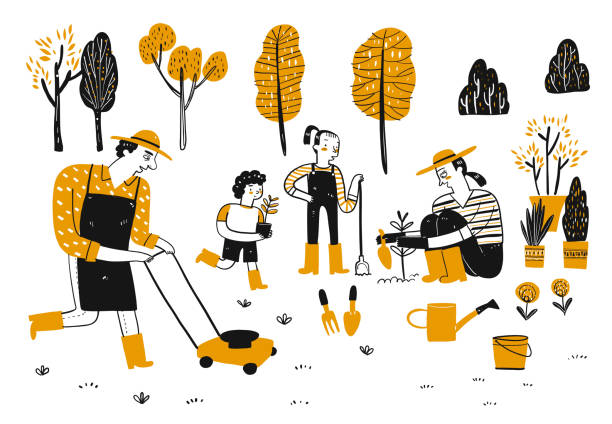 ctivity of people in the gardening. Activity of people in the gardening. Vector Illustration hand draw line art doodle style. farming tools drawings stock illustrations