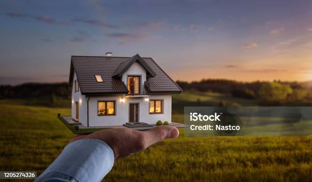 Male Hand Showing Offering A New Dream House At The Empty Field With Copy Space Stock Photo - Download Image Now
