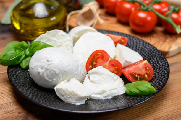 istock Cheese collection, white italian mozzarella cheese balls for salad or for appetizer snacks from deli shop in New York, USA 1205276522