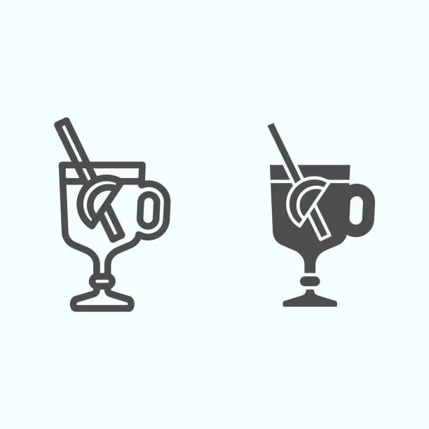 Vector illustration of Mulled wine line and solid icon. Hot cocktail glass with lemon and cinnamon. Autumn season vector design concept, outline style pictogram on white background, use for web and app. Eps 10.