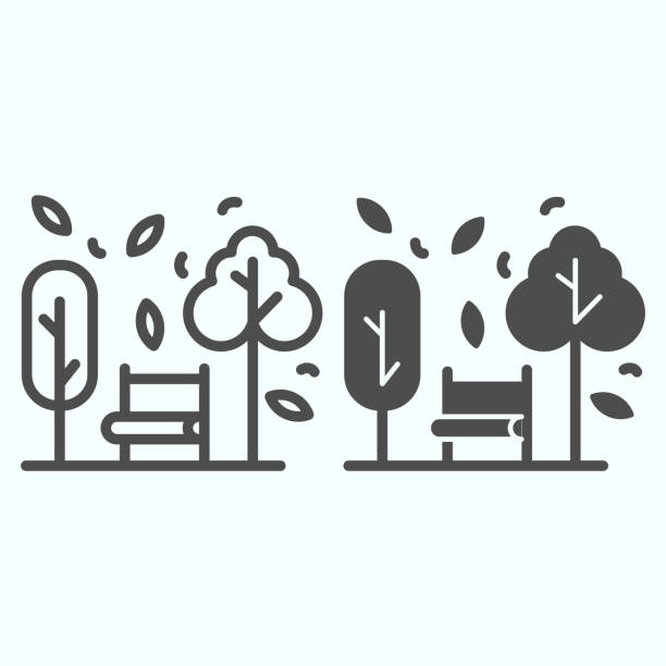 Bench and trees line and solid icon. Wide chair in front of plants and leafs in park. Autumn season vector design concept, outline style pictogram on white background, use for web and app. Eps 10. Bench and trees line and solid icon. Wide chair in front of plants and leafs in park. Autumn season vector design concept, outline style pictogram on white background, use for web and app. Eps 10 courtyard stock illustrations