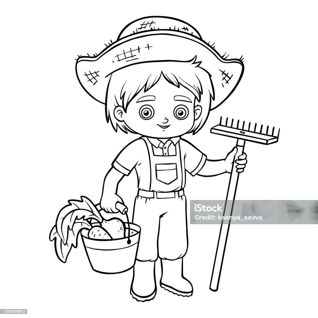 Sách Tô Màu Cậu Bé Nông Dân Với Cào Và Xô Hình minh họa Sẵn có ...