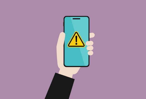 ilustrações, clipart, desenhos animados e ícones de empresário segura celular com sinal de alerta - safety error message sign warning sign