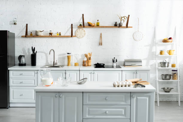 istock interior of kitchen with cooking utensils, food, milk and kitchenware 1205281189