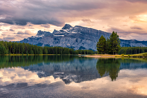 Mount Rundle reflection on Two Jack Lake in evening at Banff national park, Canada