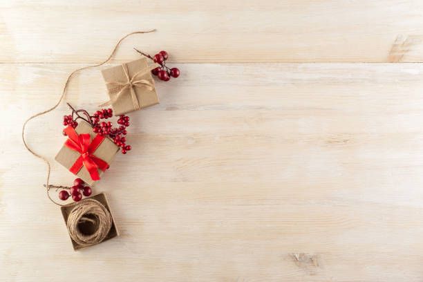 Gift wrapping made from recycled paper. DIY christmas toys made from natural eco-friendly materials. stock photo