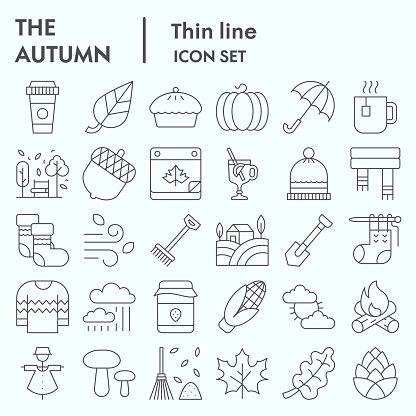 Autumn thin line icon set, Falling leaves season themed symbols collection, vector sketches, logo illustrations, web symbols, linear pictograms package isolated on white background, eps 10