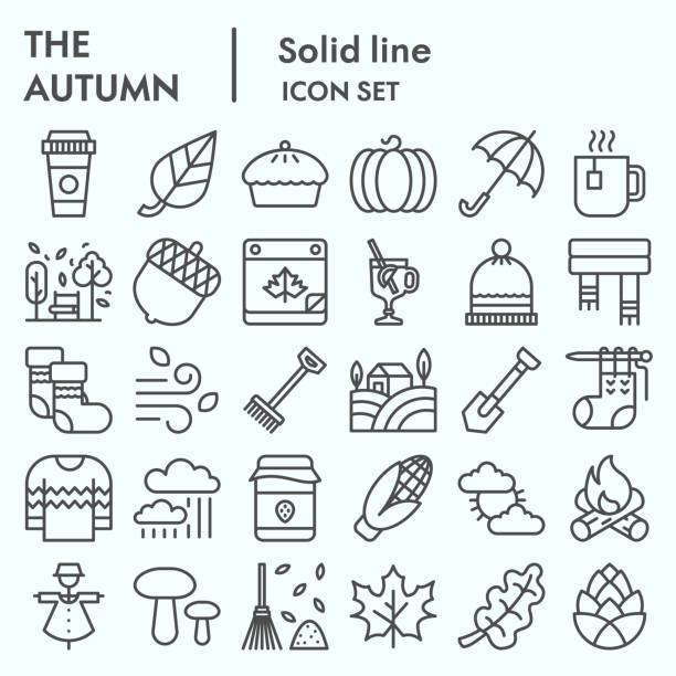 ilustrações de stock, clip art, desenhos animados e ícones de autumn line icon set, falling leaves season themed symbols collection, vector sketches, logo illustrations, web symbols, linear pictograms package isolated on white background, eps 10. - autumn collection