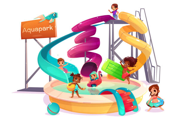 wielonarodowe dzieci w parku wodnym kreskówki wektor - swimming pool child water park inflatable stock illustrations