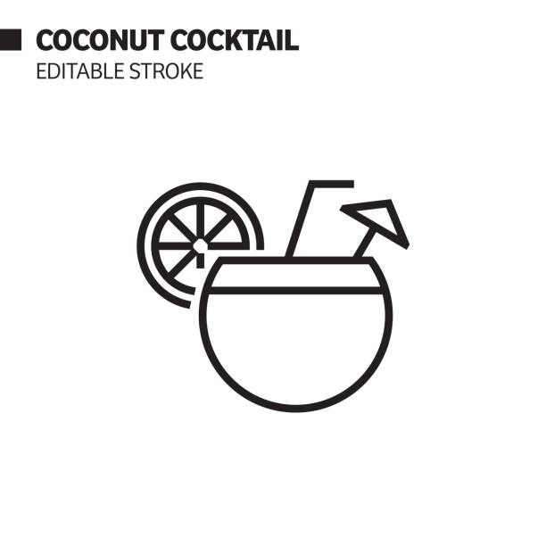 코코넛 칵테일 라인 아이콘, 개요 벡터 기호 그림입니다. 픽셀 완벽, 편집 스트로크. - coconut drink cocktail umbrella stock illustrations