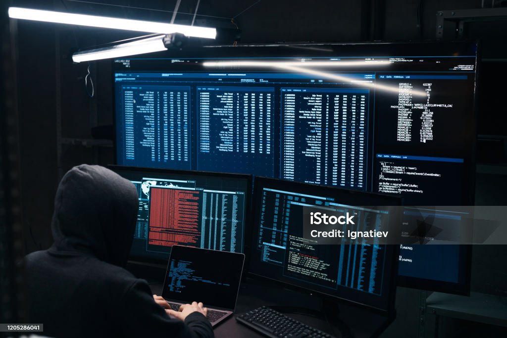 Hack And Panel Computer Hacker Coding On Laptop On A Background Of Monitors Stock ...