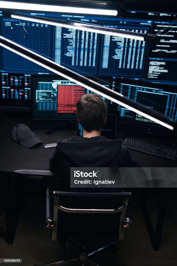 Hack And Panel Top View Of A Computer Hacker Coding On Laptop On A Background Of ...