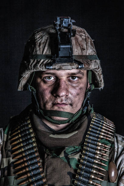 istock Marine machine gunner with ammo belts on chest 1205286506