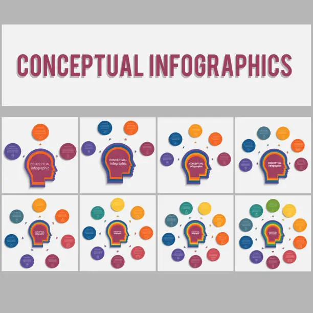 Vector illustration of Templates for conceptual infographics 3, 4, 5, 6, 7, 8, 9, 10 positions.  Circles with the text  around the head of